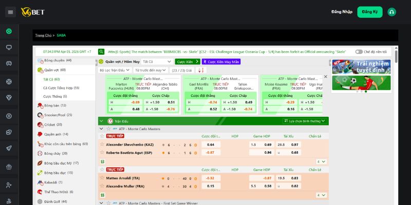 Bảng kèo cá cược tennis tại nhà cái V9Bet