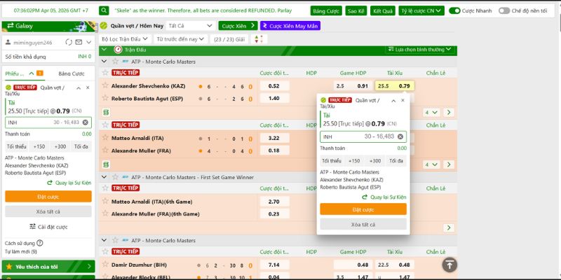 Kèo tài xỉu hiển thị rõ ràng trên bảng kèo cá cược quần vợt