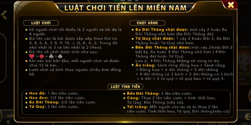 Luật chơi Tiến lên miền Nam được hiển thị rõ ràng và chi tiết